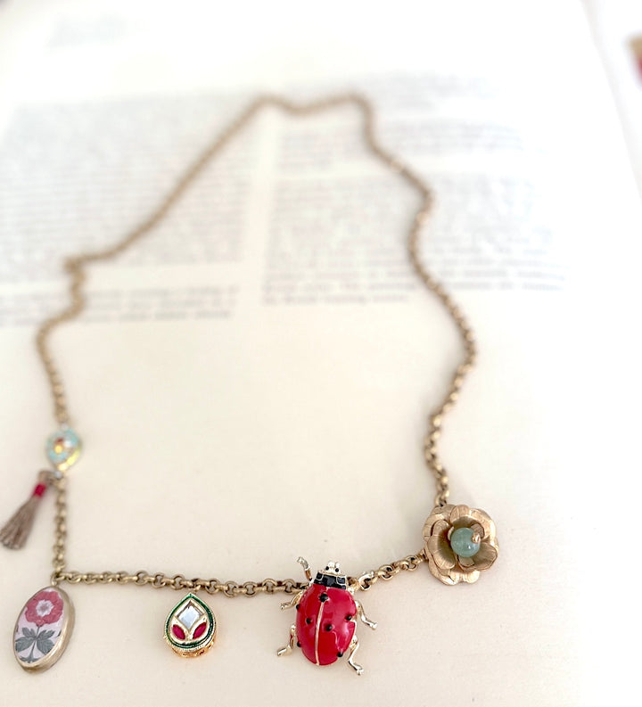 Beetle, Vintage Charms, Brass, Aventurine Bead and Tassels Necklace, One of a Kind