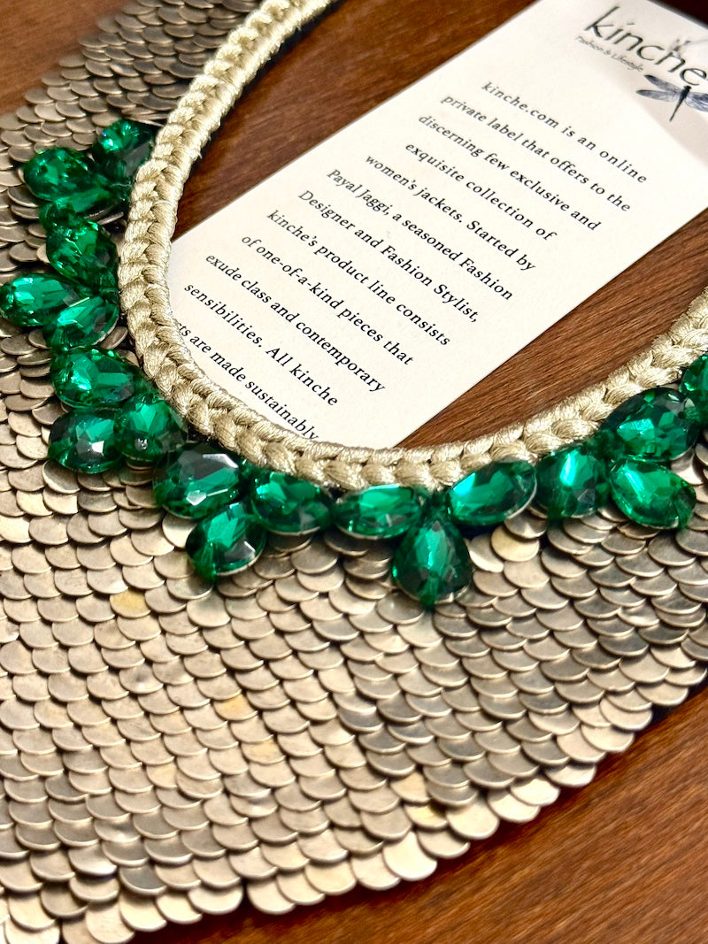 Indus, Handmade Pure Brass and Emerald Green Swarovski Stones necklace