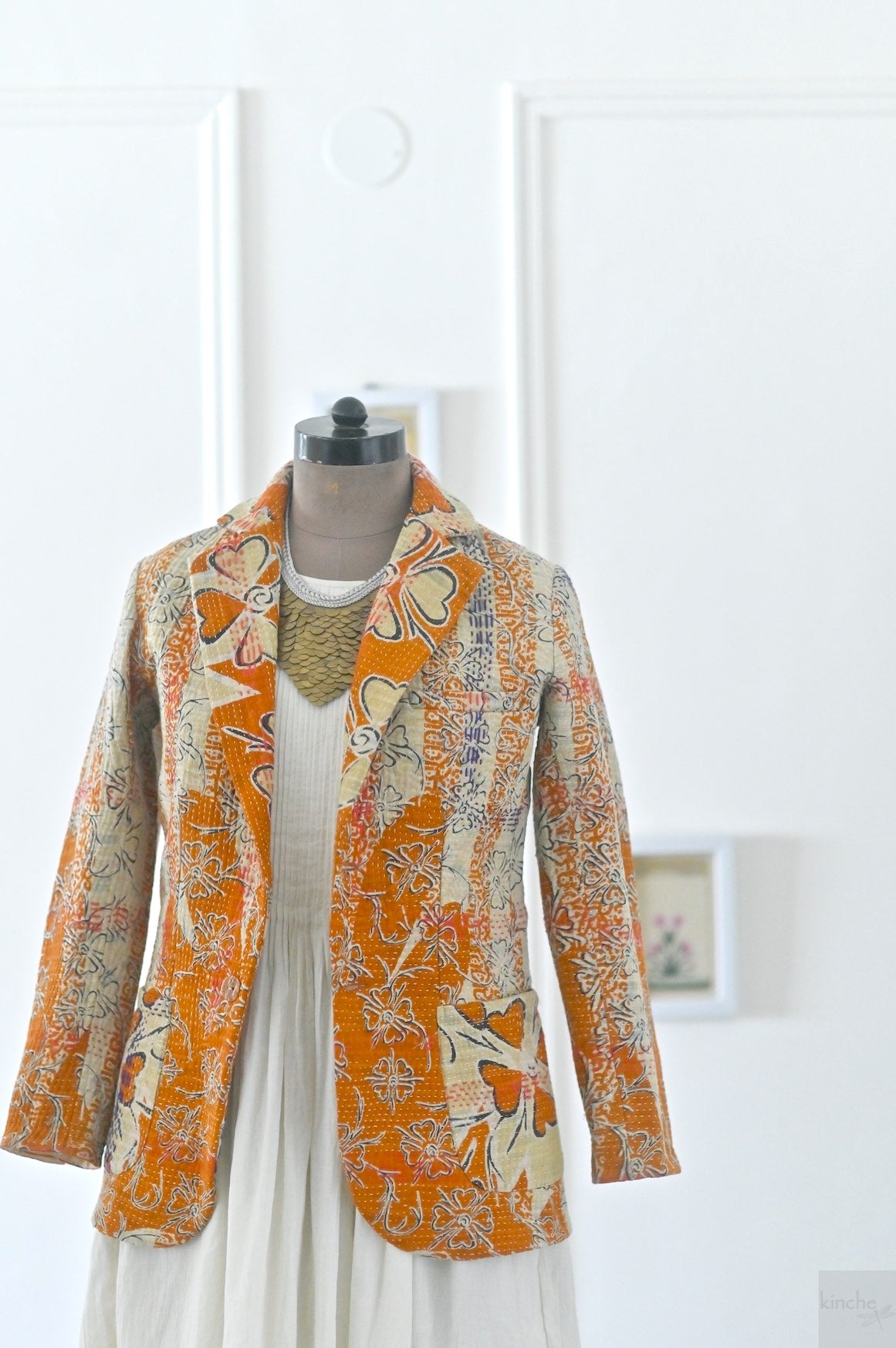 Robin, Women's Stylish Kantha Quilted Blazer in Deep Orange