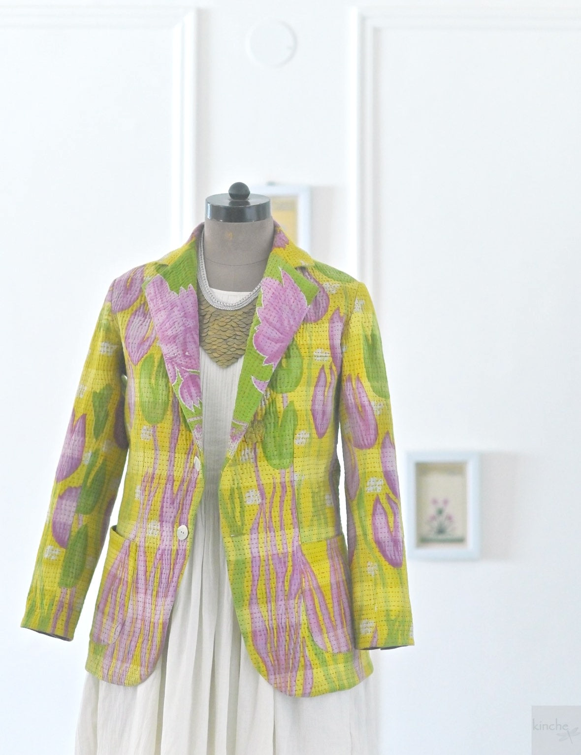 Medium, Noorie, Women's Stylish Kantha Quilted Blazer in Floral Print