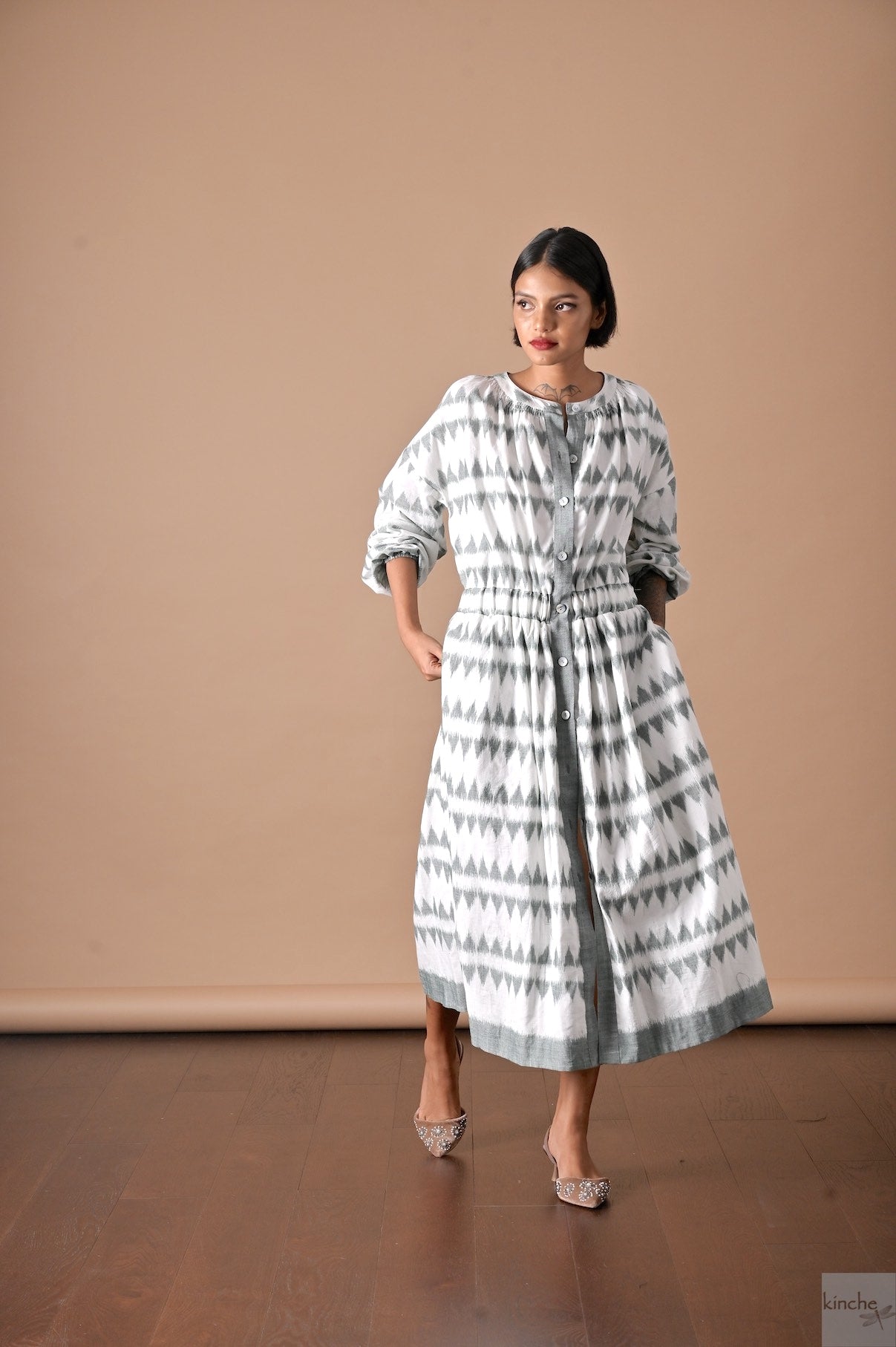 Allysa, Ikat Long Shirt Dress, Smocking at Neck and Back