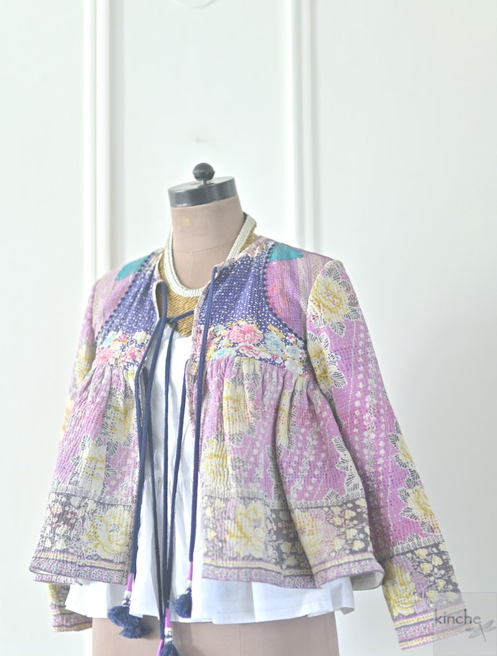 Small, Agra, Hand Crafted & Hand Embroidered Kantha Kediya Jacket in Purple - kinchecom