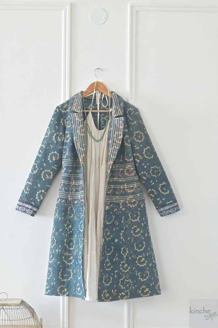 Hermoine, Vintage Quilt Long Coat with Brass Buttons, Sustainably Made, Bust 38 Inches