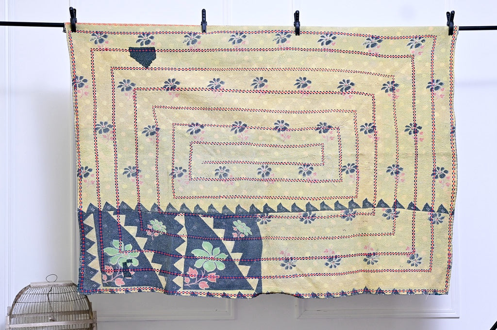 New Delhi, Vintage Hand Embroidered Kantha Quilt, Patchworked, Small - kinchecom