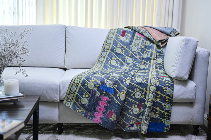 Jhalwar, Vintage Hand Embroidered Kantha Quilt, Patchworked, Medium - kinchecom