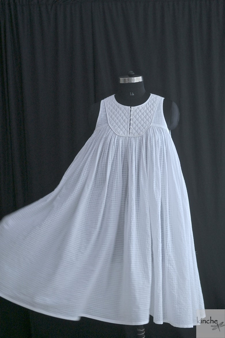 Tara, White Khadi, Quilted Yolk Dress