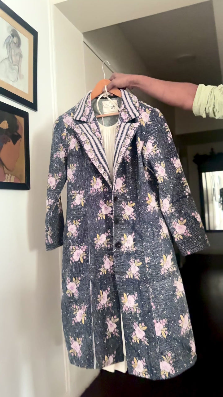 Celeste, Handmade Vintage Kantha Long Blazer in XL