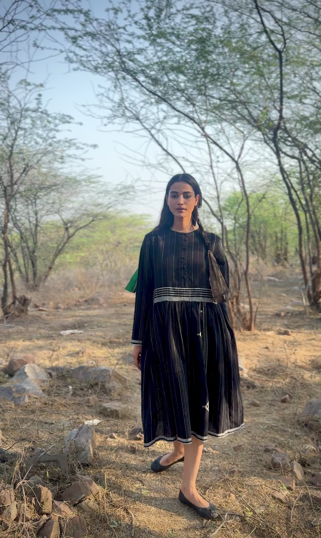 Cairo, Kala Cotton Organic Fabric Dress in Black & Off White Pattern