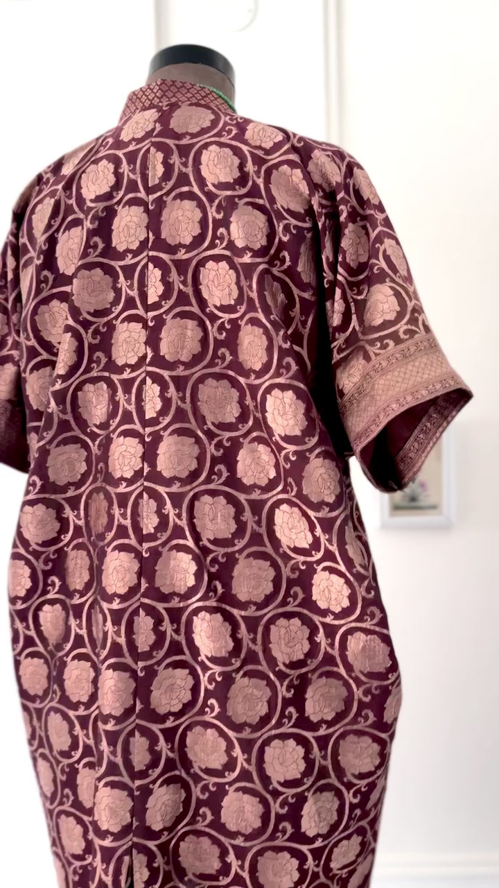 Bursa, Vintage Zari Silk, Bronze and Brown, Kaftan Dress in Size M-L