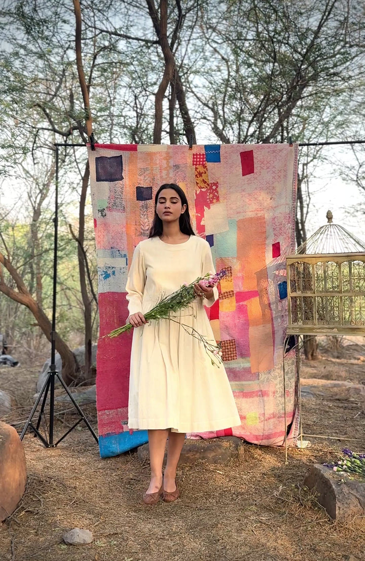 Boston, Off White Organic kala Cotton Dress with Hand Embroidered Mirror Work