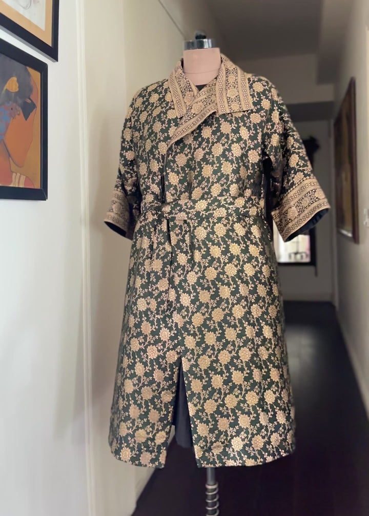 Jama 10 Long Robe Style Coat made with Vintage Zari Silk Three Quarter Sleeves, Medium