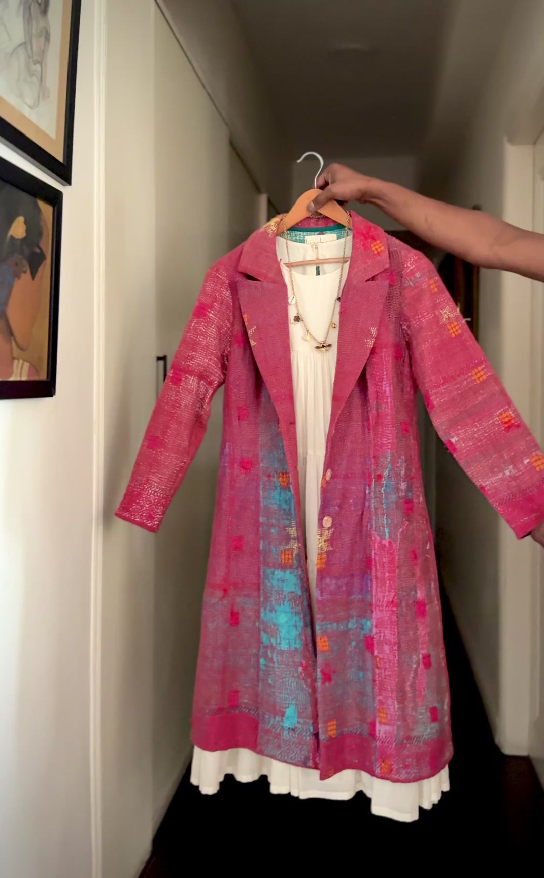 Gul, Handmade Vintage Distressed Kantha Long Blazer in Medium