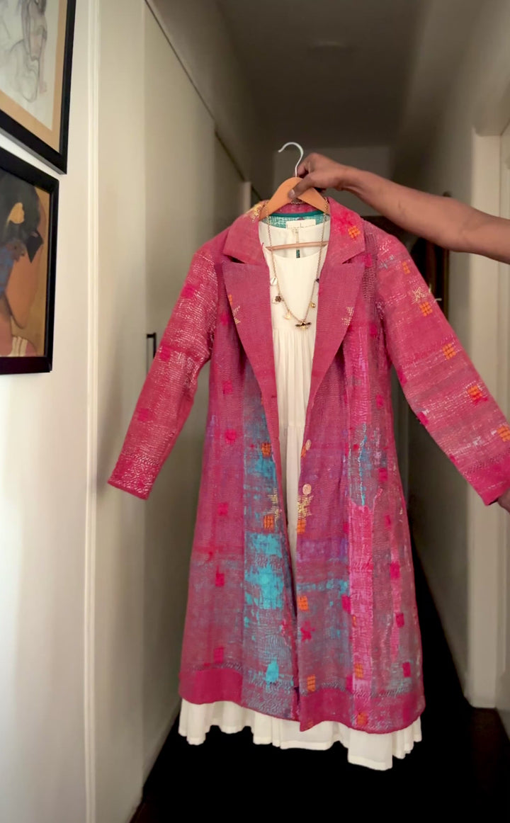 Gul, Handmade Vintage Distressed Kantha Long Blazer in Medium