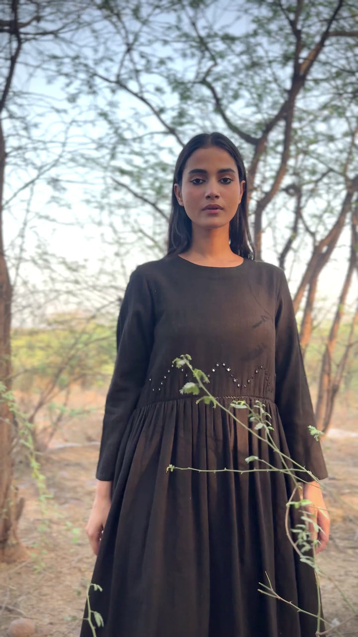 Boston Black, Organic kala Cotton Dress with Hand Embroidered Mirror Work