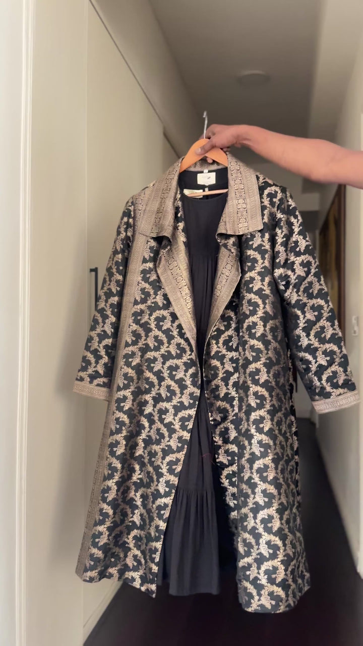 Jama 32, Long Robe Style Coat made with Vintage Zari Silk in Black & Gold