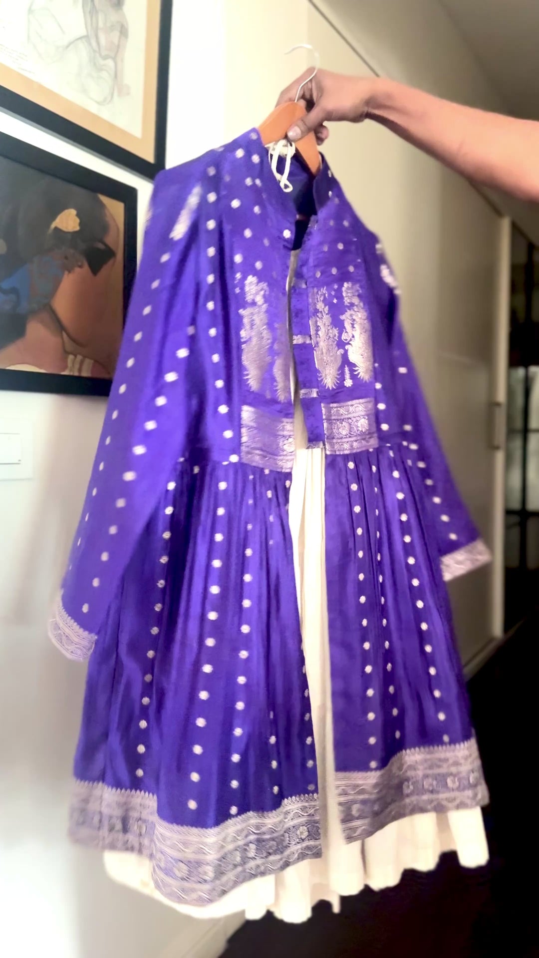 Devi, Vintage Zari Saree Up Cycled Long Jacket in Gold & Purple