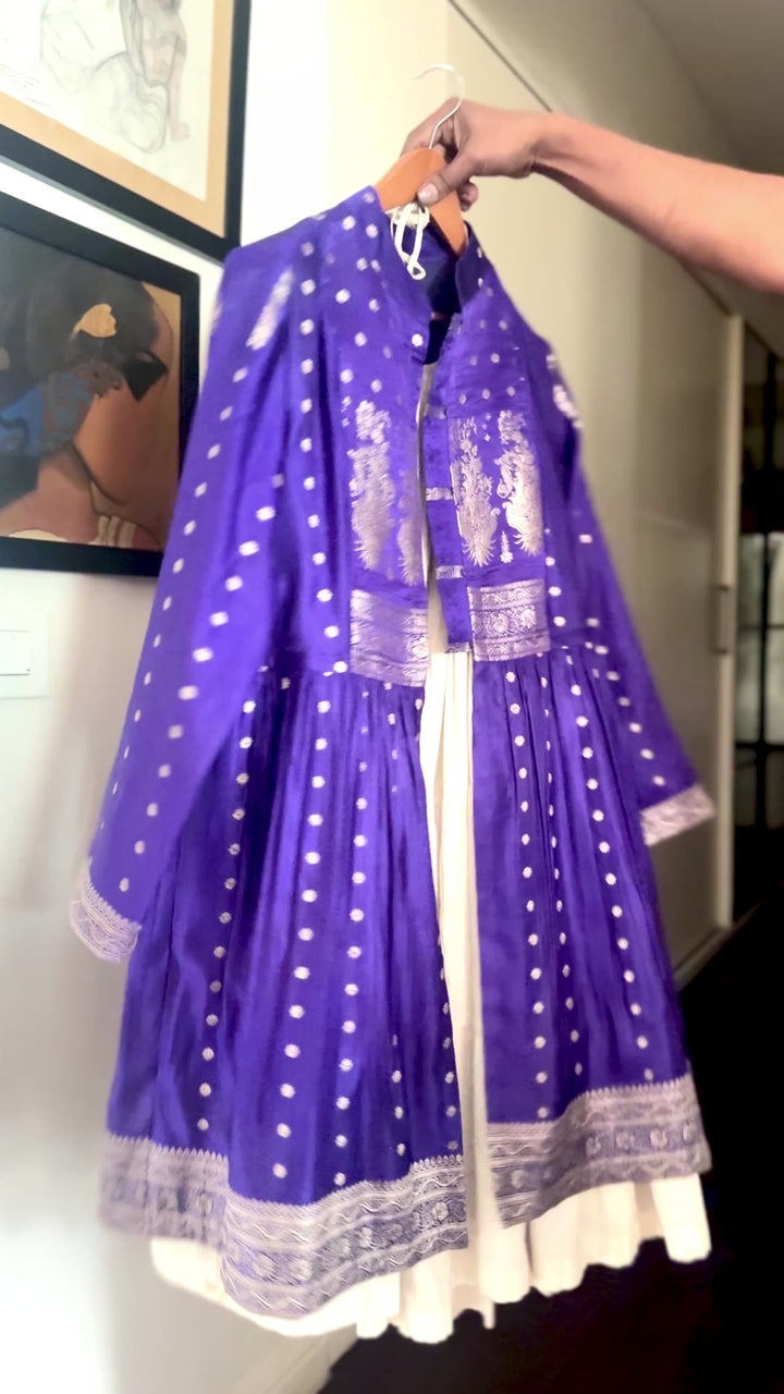 Devi, Vintage Zari Saree Up Cycled Long Jacket in Gold & Purple