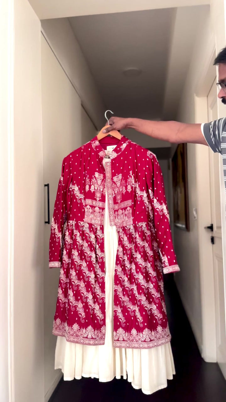 Maira, Vintage Zari Long Jacket in Deep Red and Gold, Large