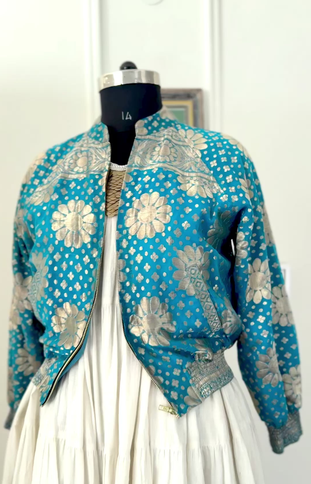 Sabiha, Handmade Zari Bomber in Turquoise, Oversized