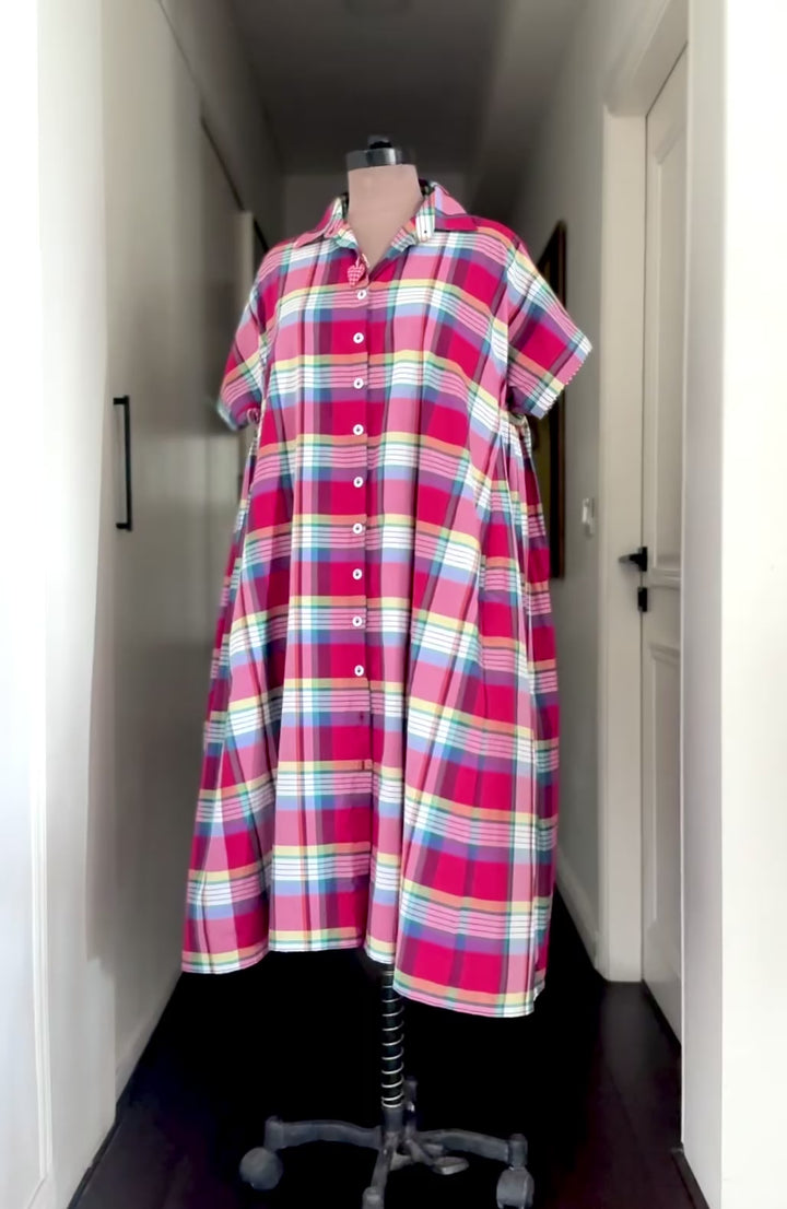 Mach, Madras Check Poplin Dress with Hand Embroidery