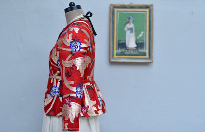 Medium, Dagmola,  Gyasar Brocade Jacket in Deep Red with Zari Weave, Handmade - kinchecom