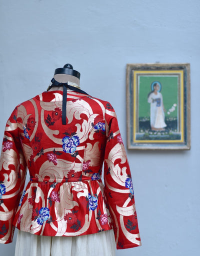 Medium, Dagmola,  Gyasar Brocade Jacket in Deep Red with Zari Weave, Handmade - kinchecom