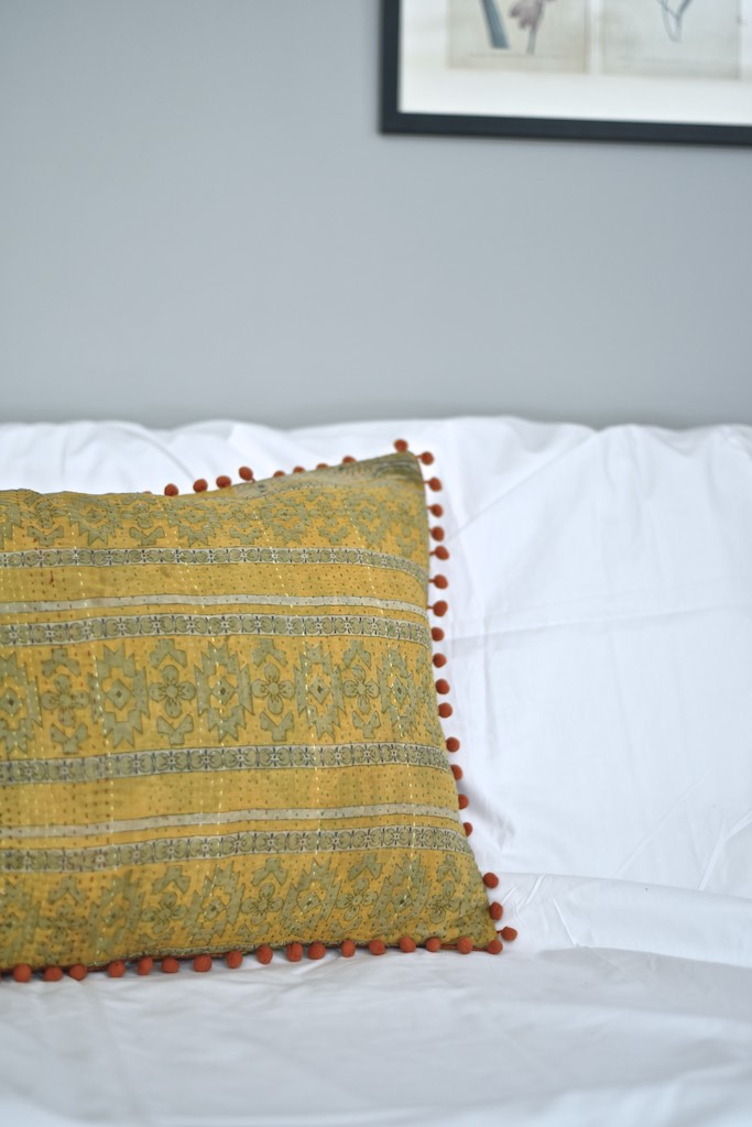 Bishnoi, Reversible Vintage Kantha Cushion Cover With Pom Poms 25X16" - kinchecom
