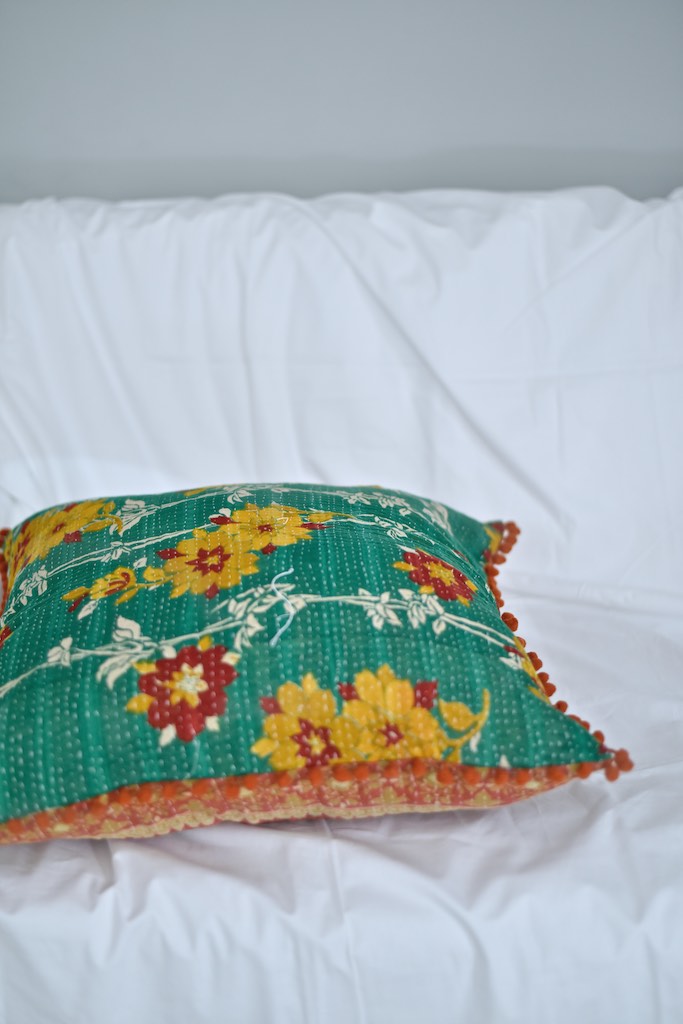 Ganga, Reversible Vintage Kantha Cushion Cover With Pom Poms 20X20" - kinchecom