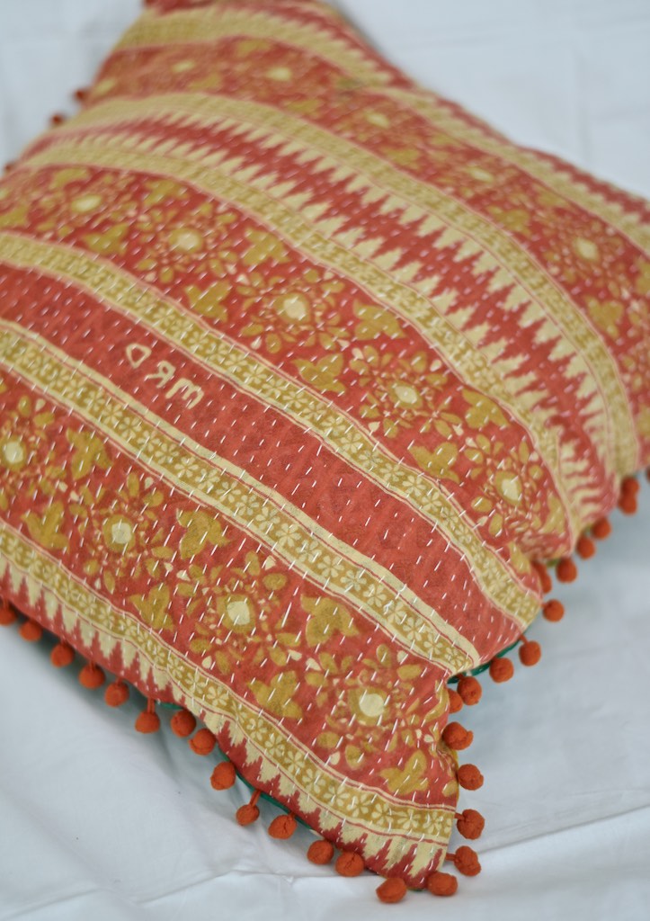 Ganga, Reversible Vintage Kantha Cushion Cover With Pom Poms 20X20" - kinchecom