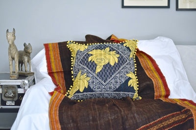 Chitra Black, Reversible Vintage Kantha Cushion Cover 20X20" - kinchecom