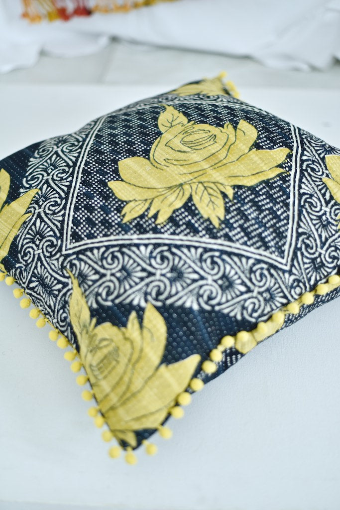 yellow kantha cushion cover
