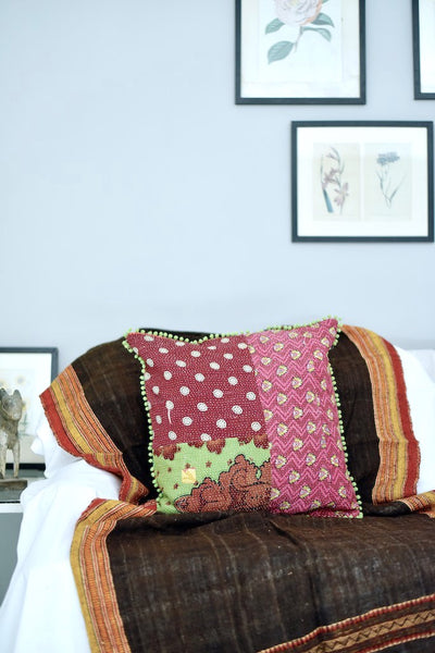 Beas, Reversible Vintage Kantha Cushion Cover 20X20" - kinchecom