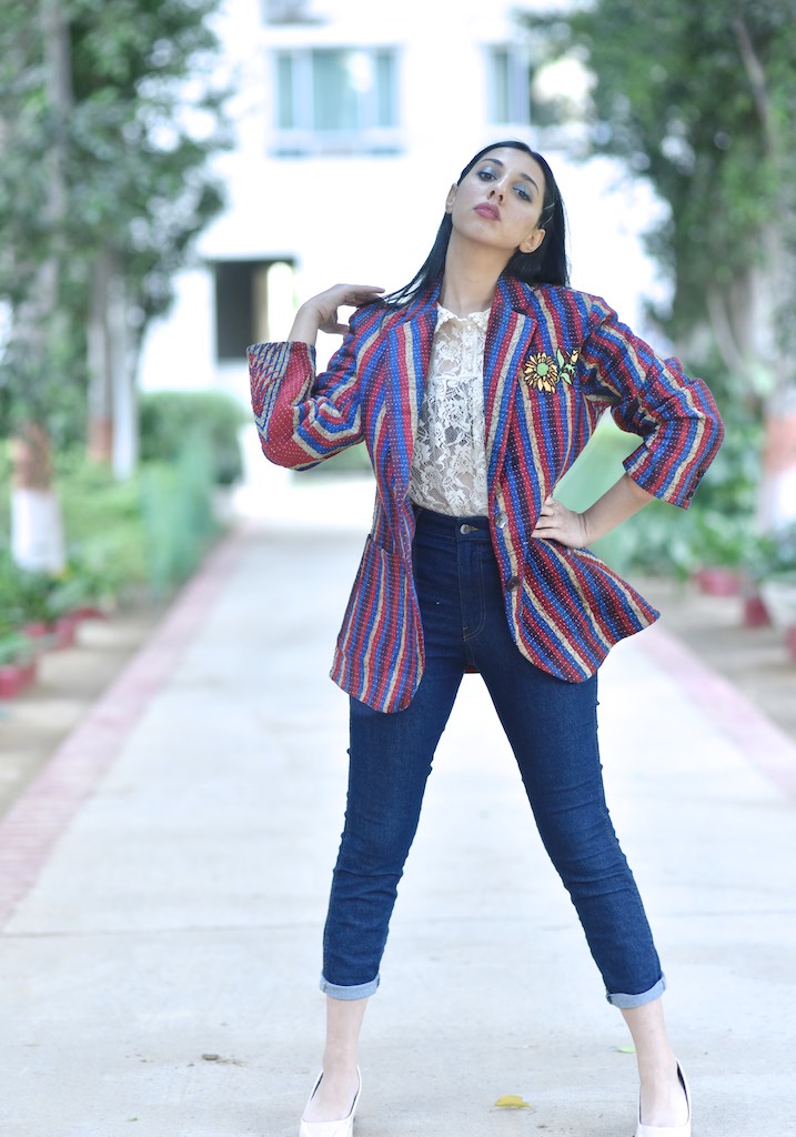 Tyler, X-Large Size, Oversized Boyfriend Blazer, Jacket Made with Vintage Kantha Fabric - kinchecom