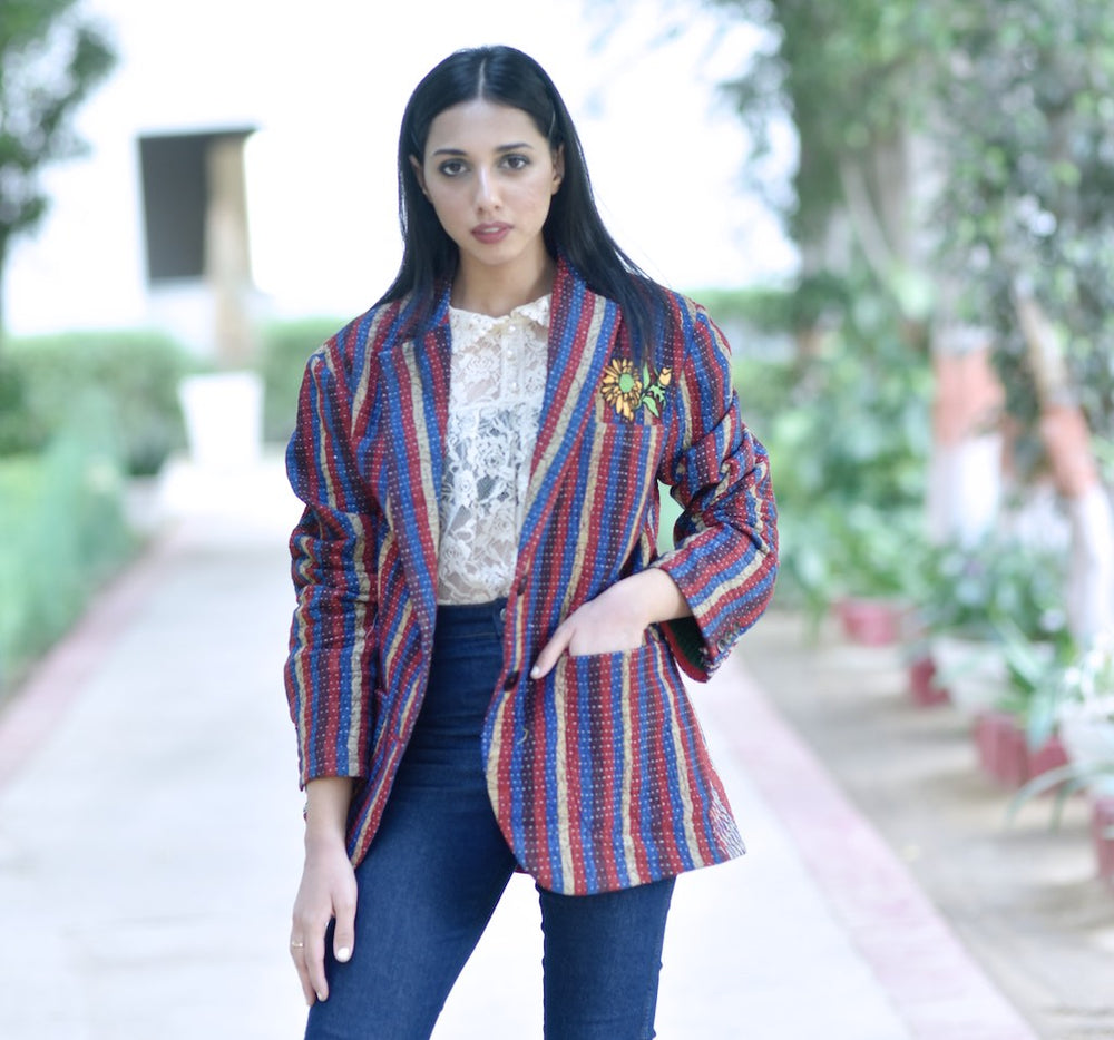 Tyler, X-Large Size, Oversized Boyfriend Blazer, Jacket Made with Vintage Kantha Fabric - kinchecom