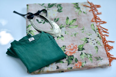 Pench, Organic Linen Saree with Floral Print and Tassels - kinchecom