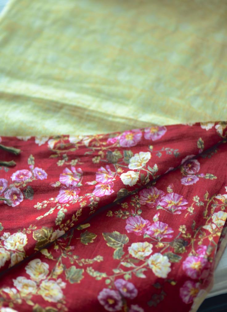 Reva, Organic Linen Saree in Deep Red Color, AZO Free printed - kinchecom