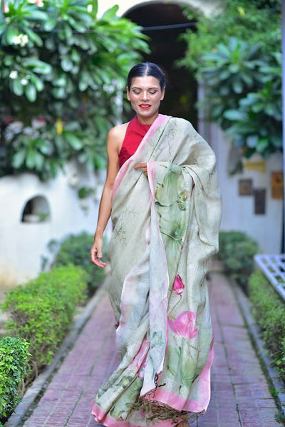 Kwari, Organic Linen Saree in Color Sage with LotusFloer Print - kinchecom