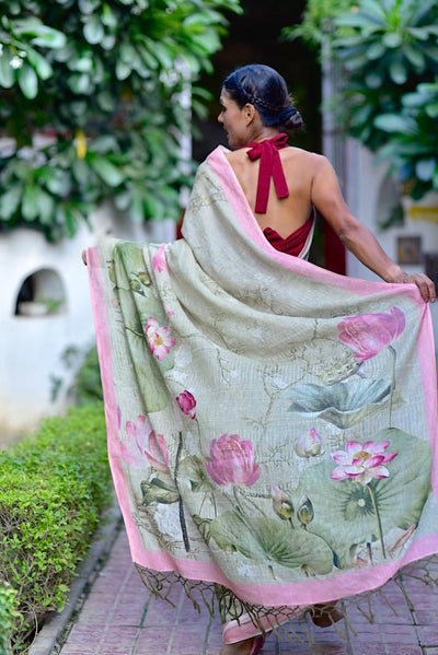 Kwari, Organic Linen Saree in Color Sage with LotusFloer Print - kinchecom