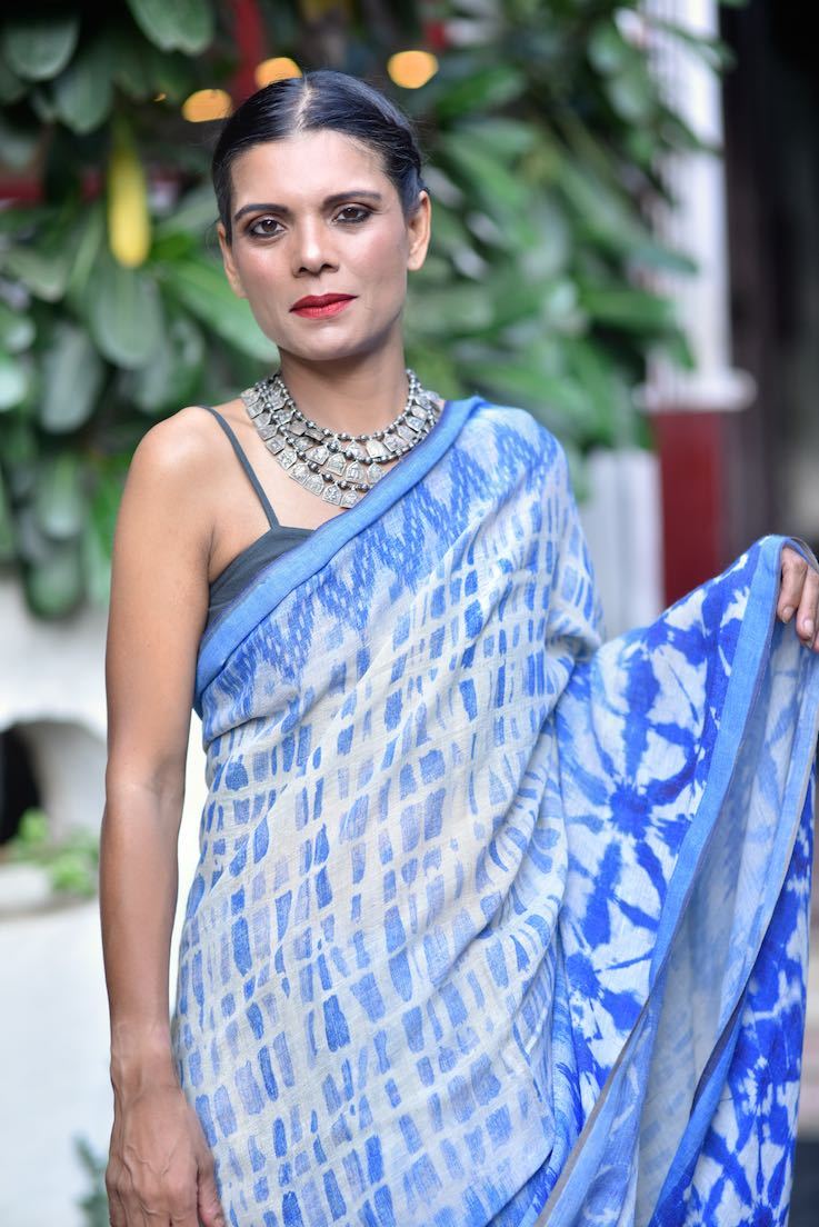 Aksu, Organic Linen Saree in a beautiful Tie and Dye Screen print - kinchecom