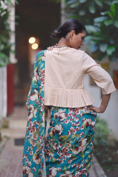 Periyar, Organic Linen, Beautiful Floral Print Saree in Turquoise & Pink - kinchecom