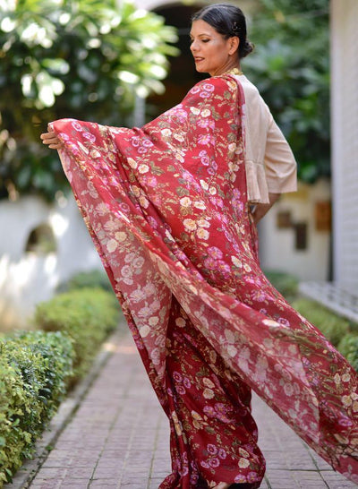 Reva, Organic Linen Saree in Deep Red Color, AZO Free printed - kinchecom