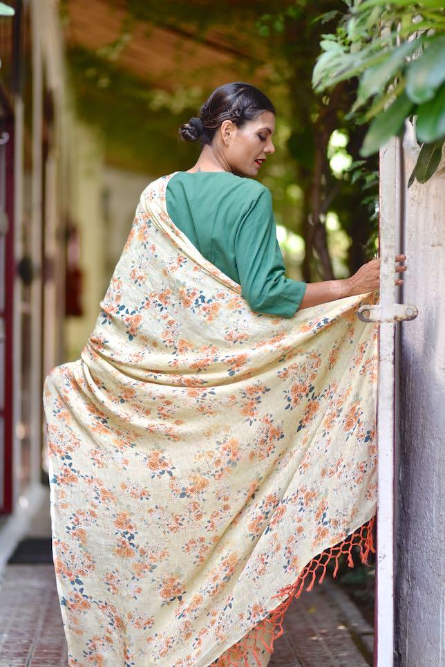 Dunagiri, Organic Linen Saree in a Beautiful Beige Base & Contrast Floral Print - kinchecom