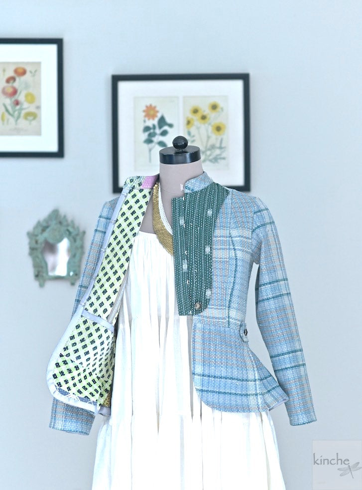 Small, Rose Kantha Short Jacket in Light Blue Check and Contrast back - kinchecom