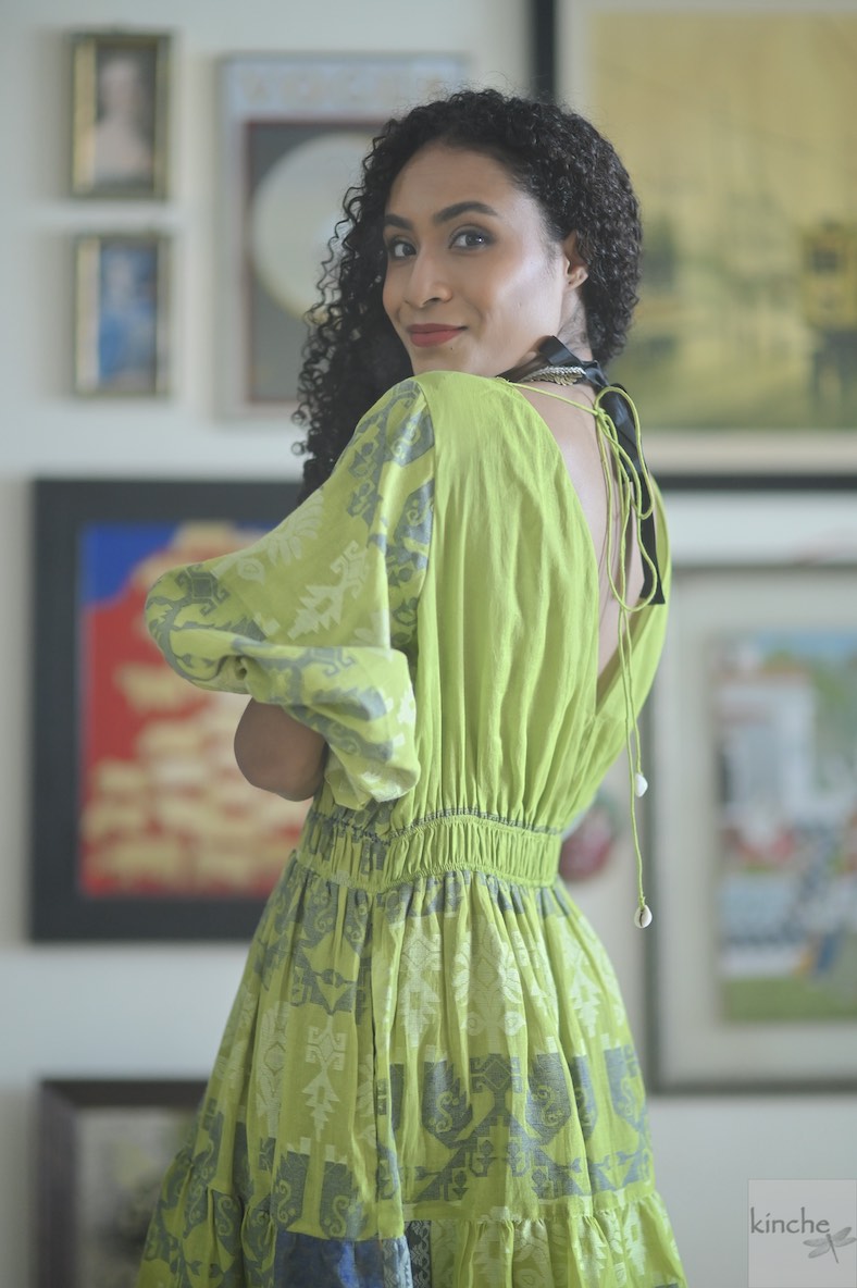 Darjeeling, Size S/M, Light Green, Jamdani Tiered Dress, Handwoven Cotton - kinchecom