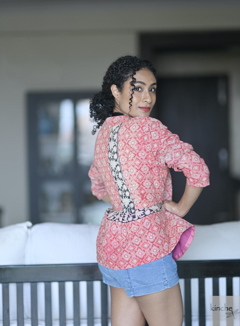 Medium, Karin, Handmade Vintage Kantha Peplum Jacket in Pink and Black - kinchecom