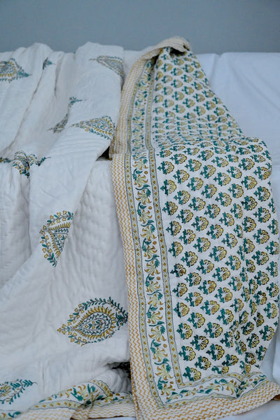 Bundi Jaipuri Quilt/ Razai, Hand Block Printed and Handmade 100X92" - kinchecom