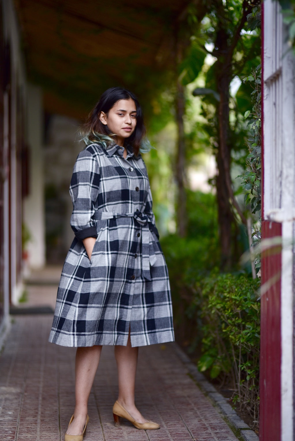 Black and Grey Khadi Check Dress by kaito