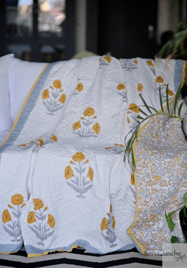 New Delhi, Jaipuri Quilt/ Razai, Mughal Floral Marigold Print, Handmade 100X92" - kinchecom