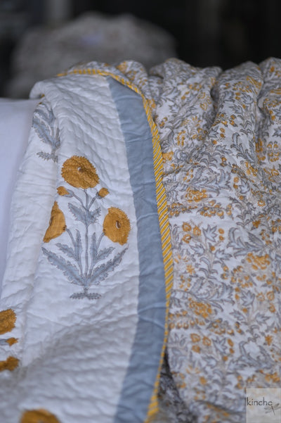 New Delhi, Jaipuri Quilt/ Razai, Mughal Floral Marigold Print, Handmade 100X92" - kinchecom