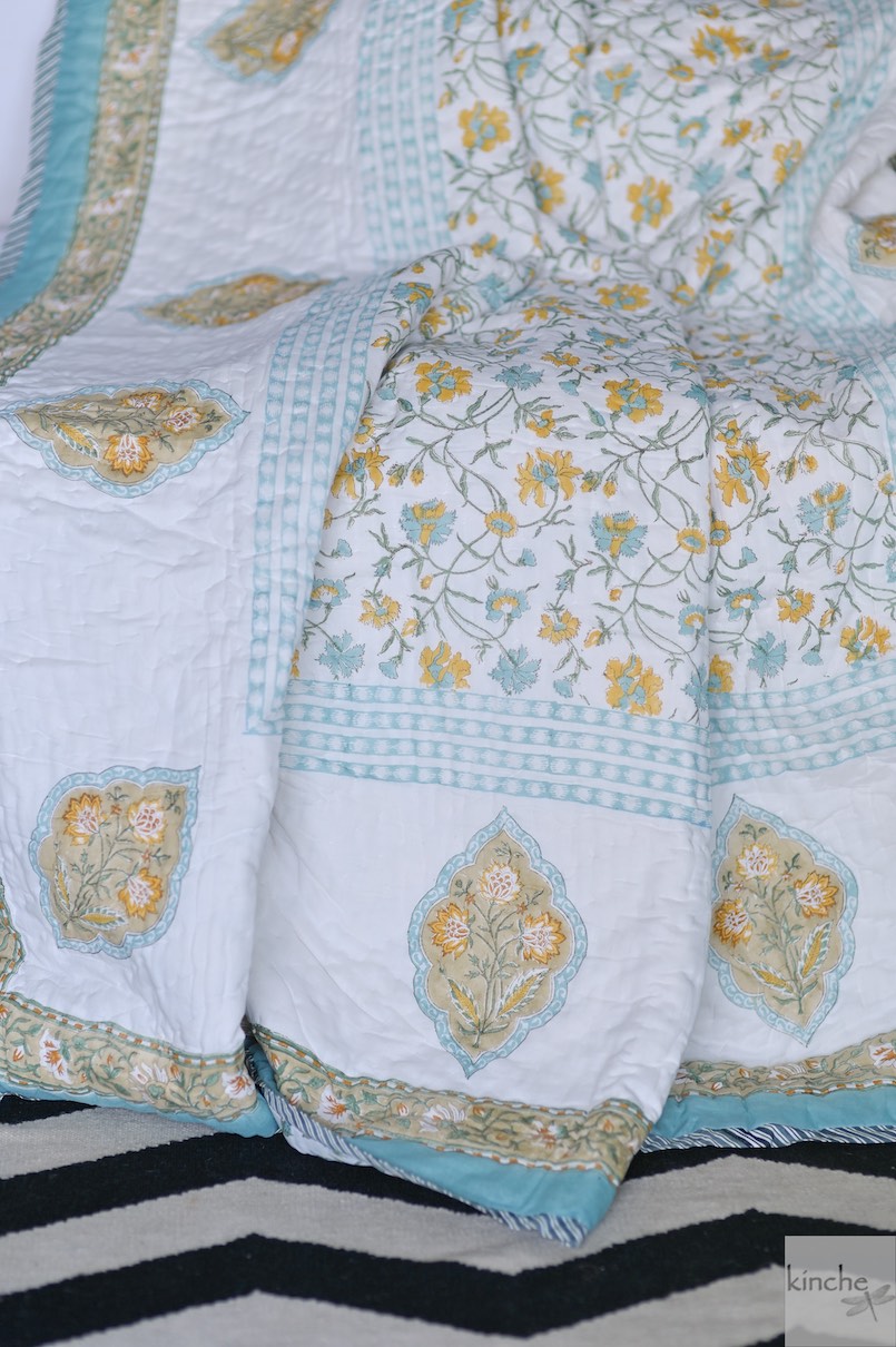 Assam, Vintage Green & Yellow Floral Block Print Quilt Handmade 100X92"